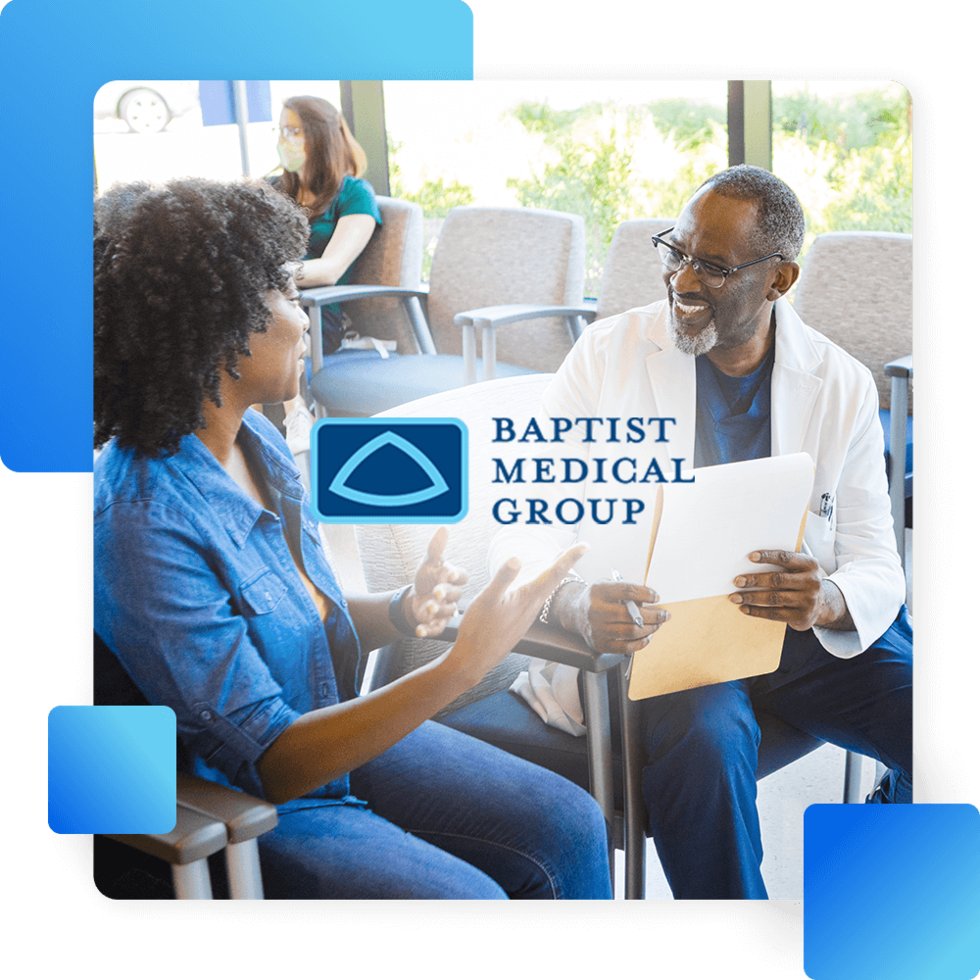 A doctor speaks with a smiling patient in a waiting room at Baptist Medical Group, with the logo centered in the image.