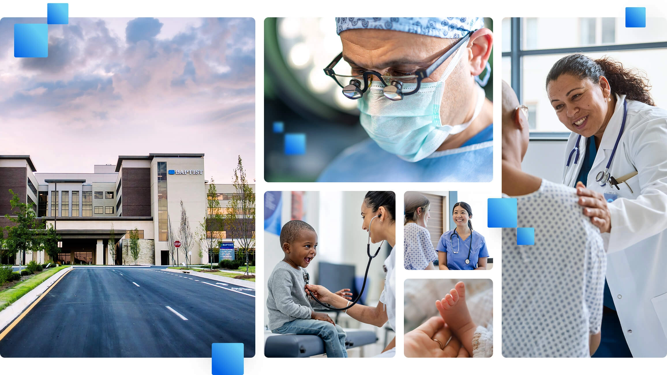 Collage of Baptist Health scenes including a hospital building, doctors with patients, a surgeon, and a baby’s foot.